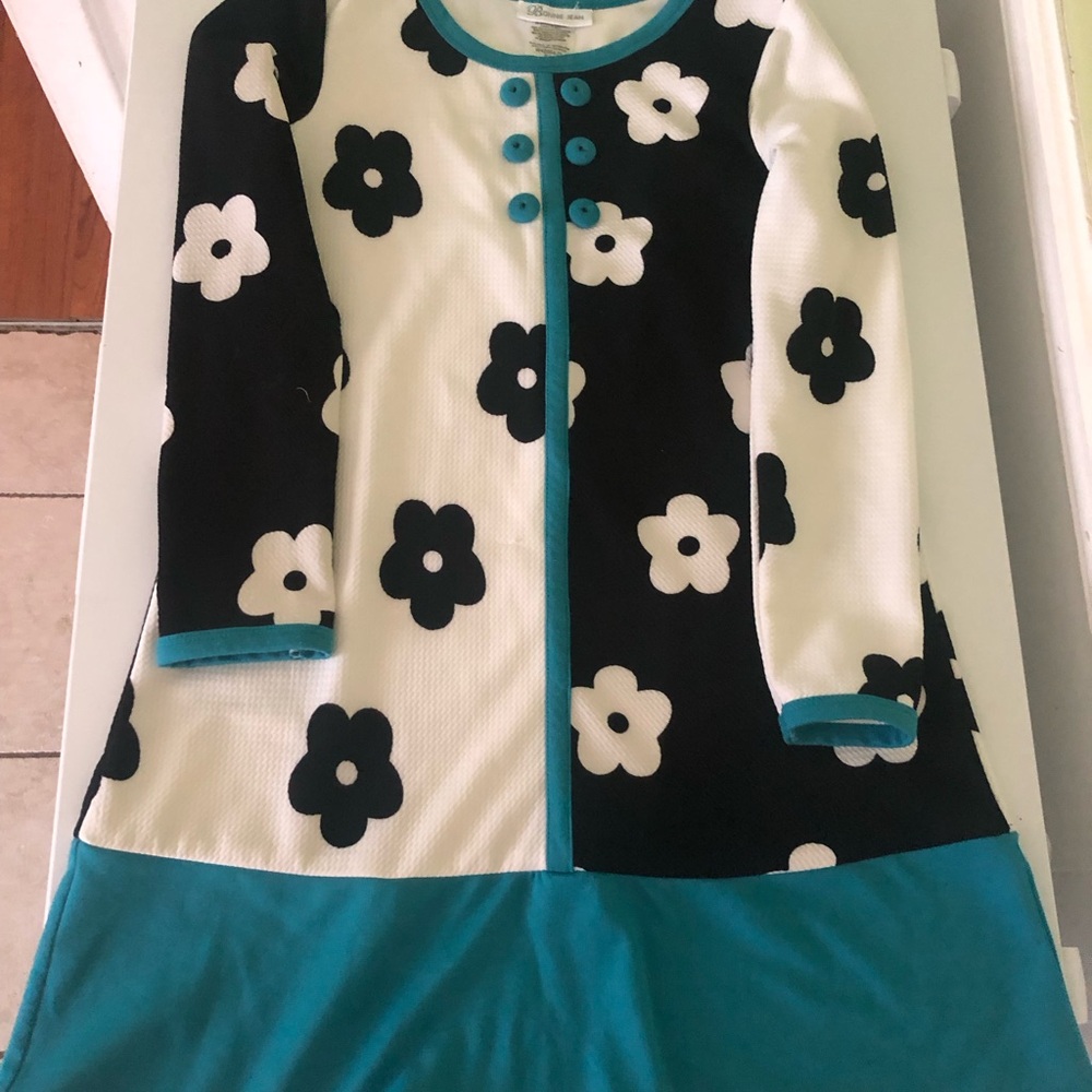 Bonnie Jean Retro Bold Flower Shift Dress Black White Teal